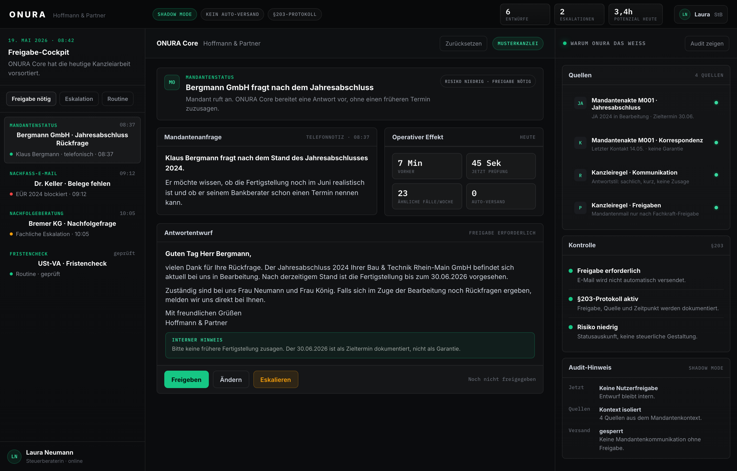 ONURA Core Dashboard &mdash; Freigabe-Queue mit Antwortentwurf und Pr&uuml;fspur